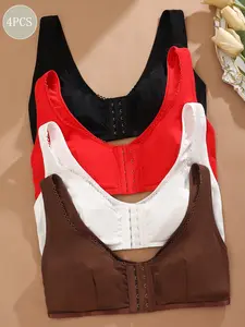 Women's Wireless Full Coverage Bra Set, Comfortable Wide Strap Front Buckle Design, Casual Slim-Fit Lined Bras for All Seasons, 4 Pack, Soft Comfy Bra