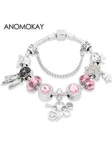 1 PC Romantic Flower Dreamcatcher I Love You Letter Pendant Charm Bracelet Pink Crystal Casual Bracelets with Princess Prince Bead Jewelry for Women Girl Gift Bracelet With Charms