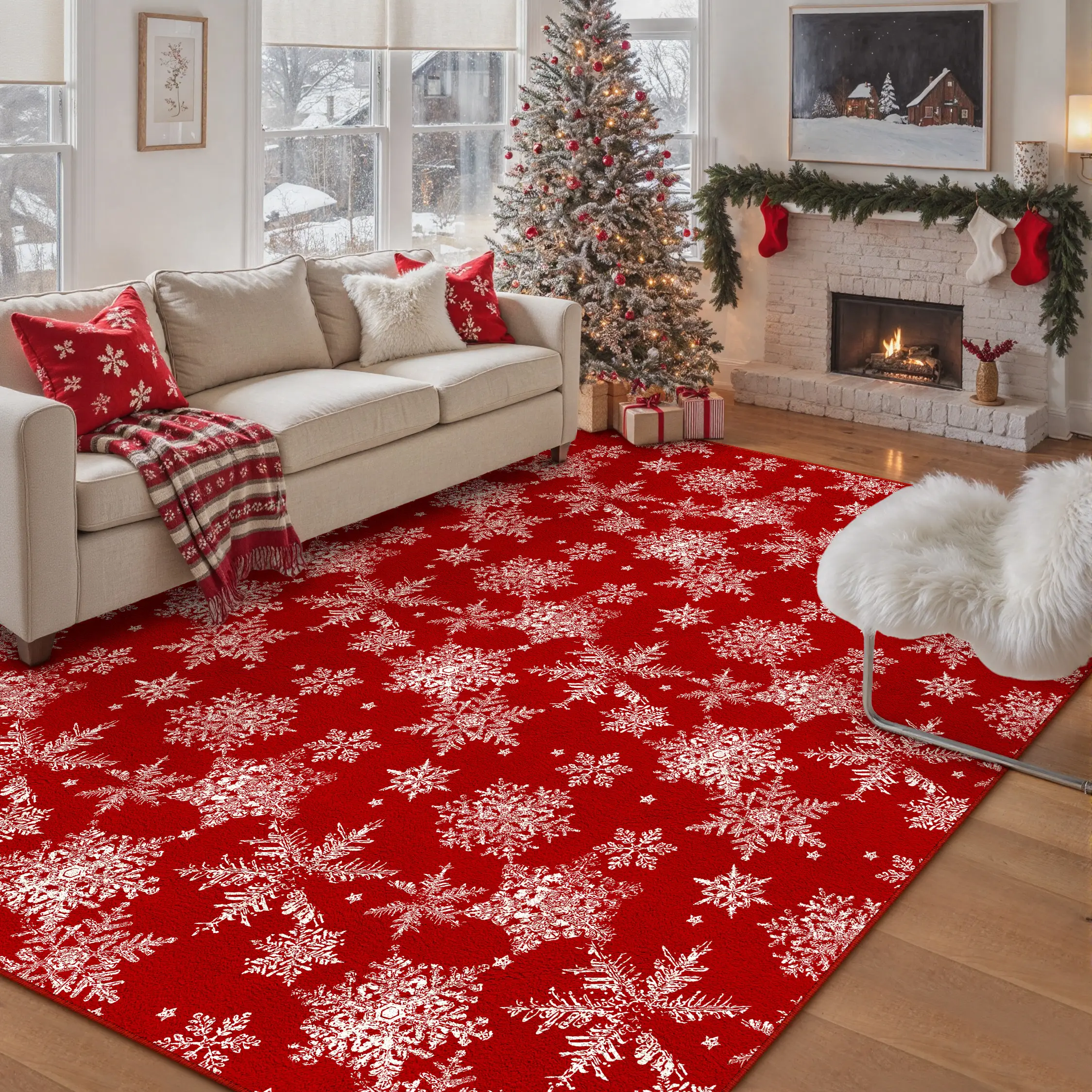 PureCozy Christmas Area Rug Red Holiday Decorative Washable Throw Rug Non Slip Soft Low Pile Carpet for Living Room Bedroom Dining Room Home Festive