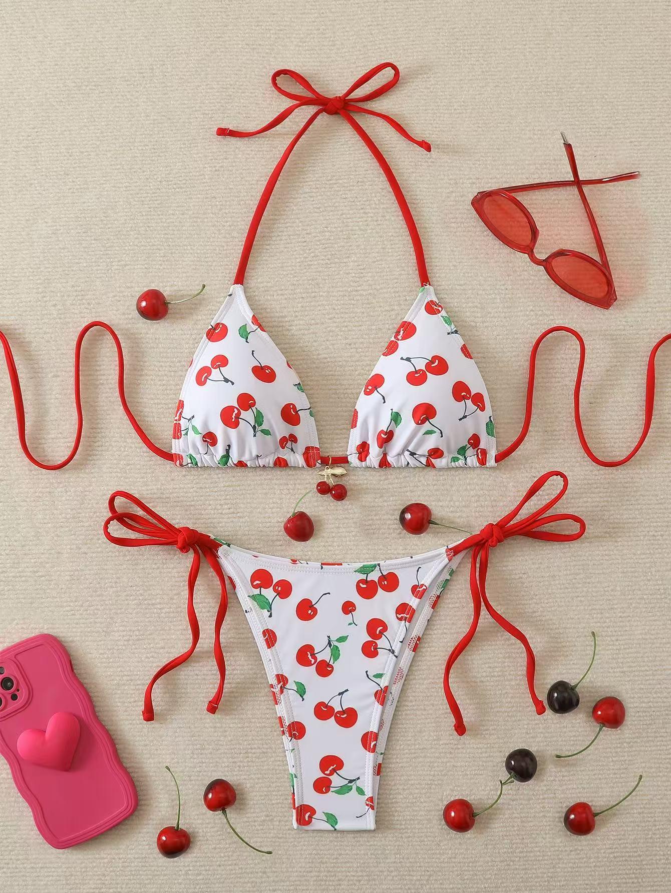 Women's split swimsuit, two-piece set - paired with cherry pendant | girlish color scheme | suitable for summer beach vacations, hot springs, and water parks | swimsuit
