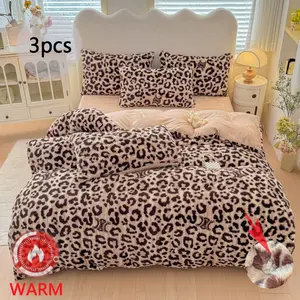 3pcs Leopard Print Bedding Set, Butterfly Rose Pattern, Soft Plush Zipper Closure, Warm Thick Rabbit Fur Blanket, Fall Winter Use