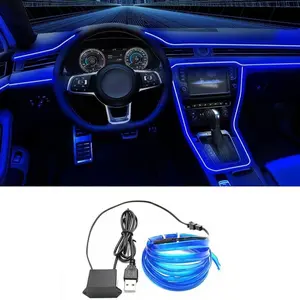 Wire Interior Car LED Strip Lights, 16.5FT USB Neon Glowing Strobing Electroluminescent Wire Strip with 6mm Sewing Edge, Ambient Lighting Kits for Car Home Decorations (Blue)