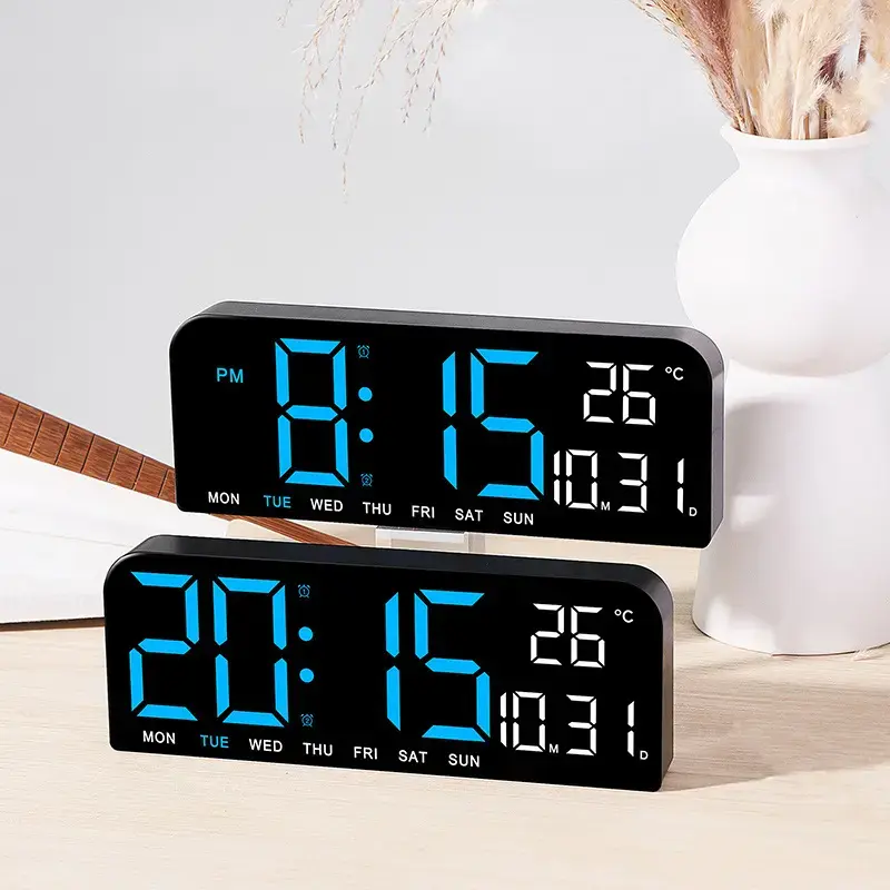 9" Rectangular Modern Digital Wall Clock with Remote Control, Date, Week, Temp, Humidity, DST, Timer, Auto-Dimming - Specialty Kitchen Utensil for Living Room Decor