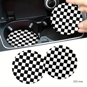 2Pcs Checkerboard Car Cup Coaster Absorbent Ceramic Cup Holder Mat Retro Y2K Aesthetic Car Gadget Travel Daily Road Trip Birthday Gift