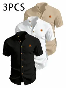 3pcs Men's Plus Size Summer Short Sleeve Shirts, Lightweight Breathable Solid Color, Plain Button-Up Casual Tops with Stand Collar, Low-Cut Neckline Shirts for Beach, Pool Parties and Vacation (Runs Small, One Size Up Recommended)