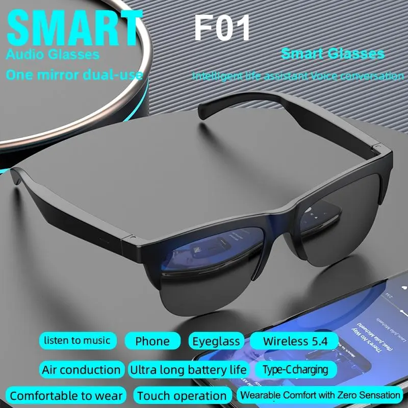 F01 intelligent wireless Bluetooth glasses, fast connection, lightweight material with bright surface, long battery life, suitable for outdoor driving, travel, home, office and other scenarios, Wireless Smart Glasses, Wireless Eyewear