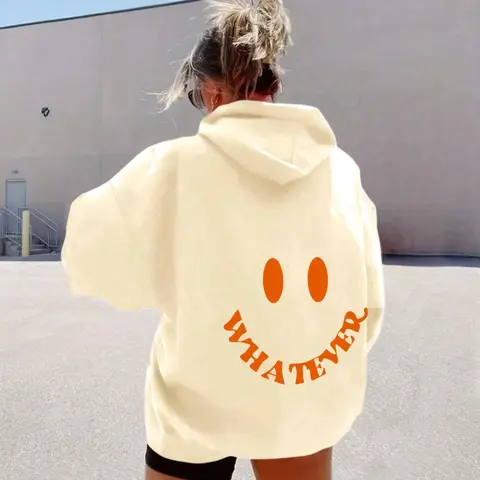 Women's Cartoon Face & Letter Print Drop Shoulder Thermal Lined Hoodie, Fashion Casual Drawstring Pocket Hooded Sweatshirt Tops for Daily Holiday Outdoor Wear, Women Clothing for Fall & Winter, Pockets Hoodie