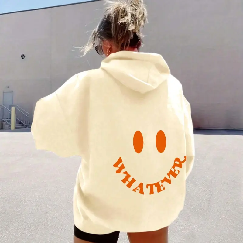 Women's Cartoon Face & Letter Print Drop Shoulder Thermal Lined Hoodie, Fashion Casual Drawstring Pocket Hooded Sweatshirt Tops for Daily Holiday Outdoor Wear, Women Clothing for Fall & Winter, Pockets Hoodie