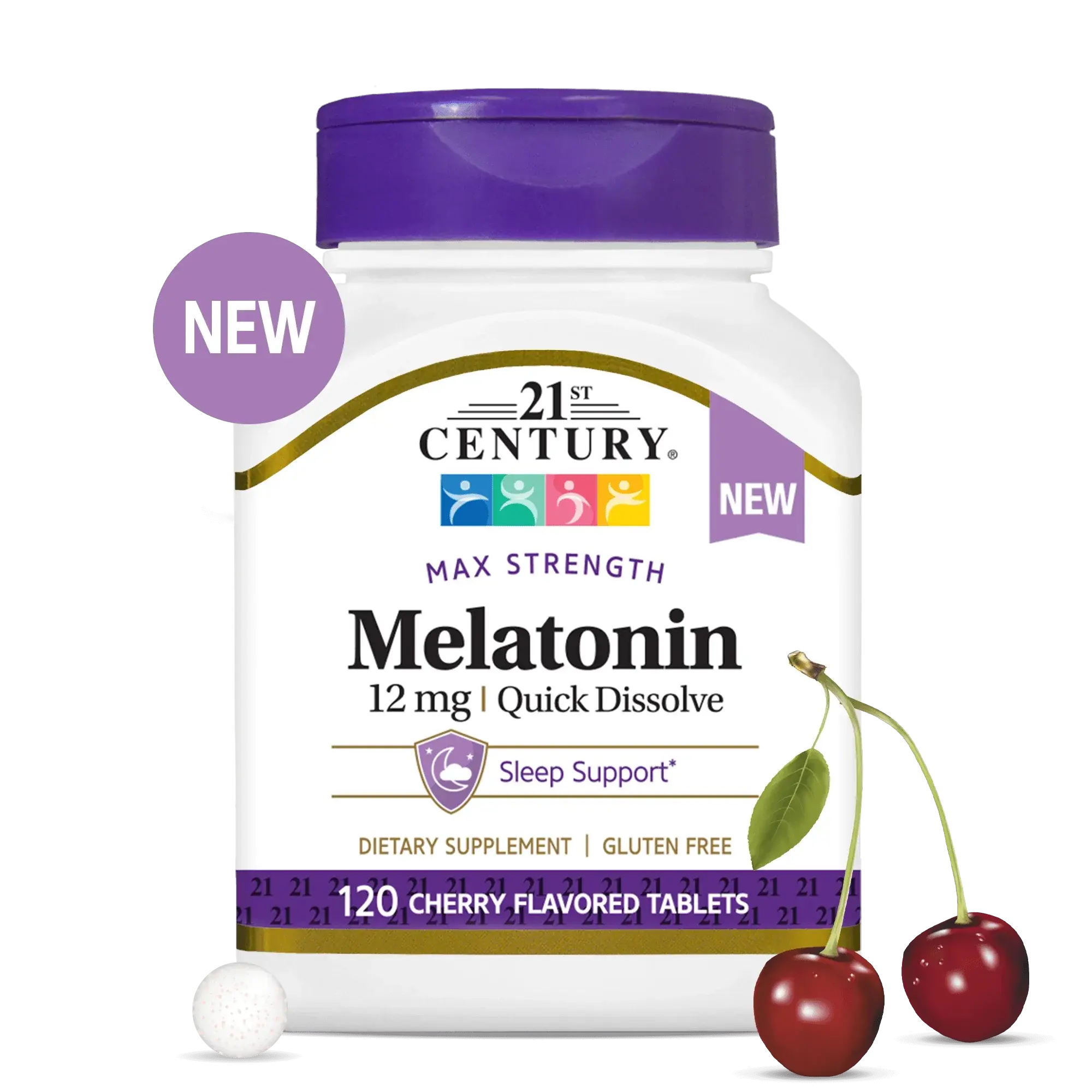 21st Century Melatonin 12 mg Max Strength, Quick Dissolve Cherry Sleep Support, 120 Tablets, Gluten Free