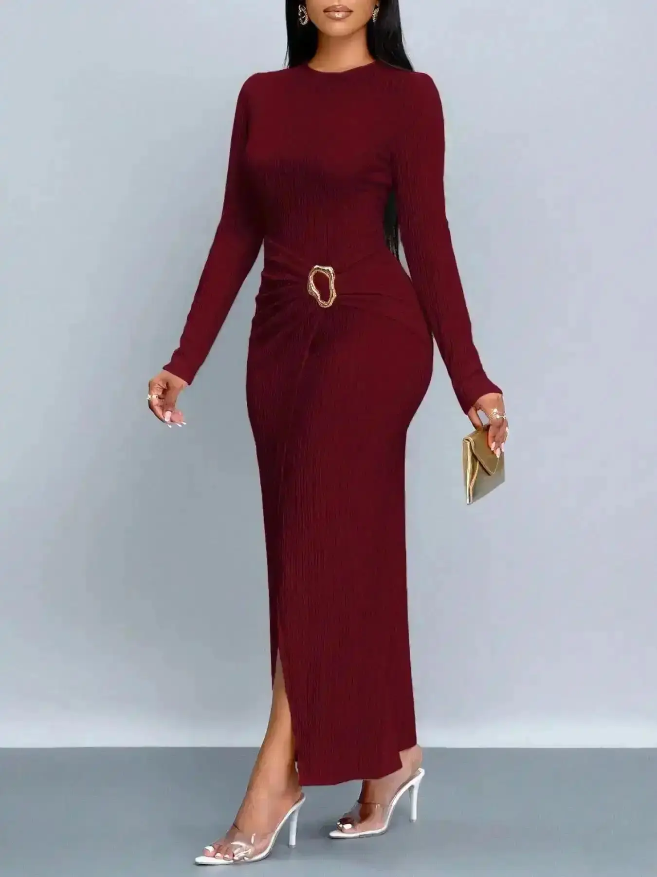 Casual Women's Fashion Solid Color Long Sleeve Split Dress, Perfect for Shopping and Commuting, Stylish Versatile, Premium Quality Look Style Versatile All-Season Durable Wear Elegant Modern Classic Comfortable Stretchy