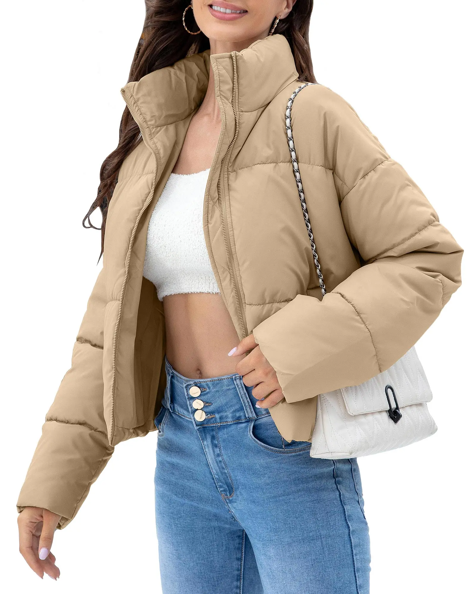 Polu Women's Oversized Padded Puffer Coat, Casual Plain High Neck Winter Outerwear with Long Sleeves and Pockets, Down Jacket, Quilted, Zipper