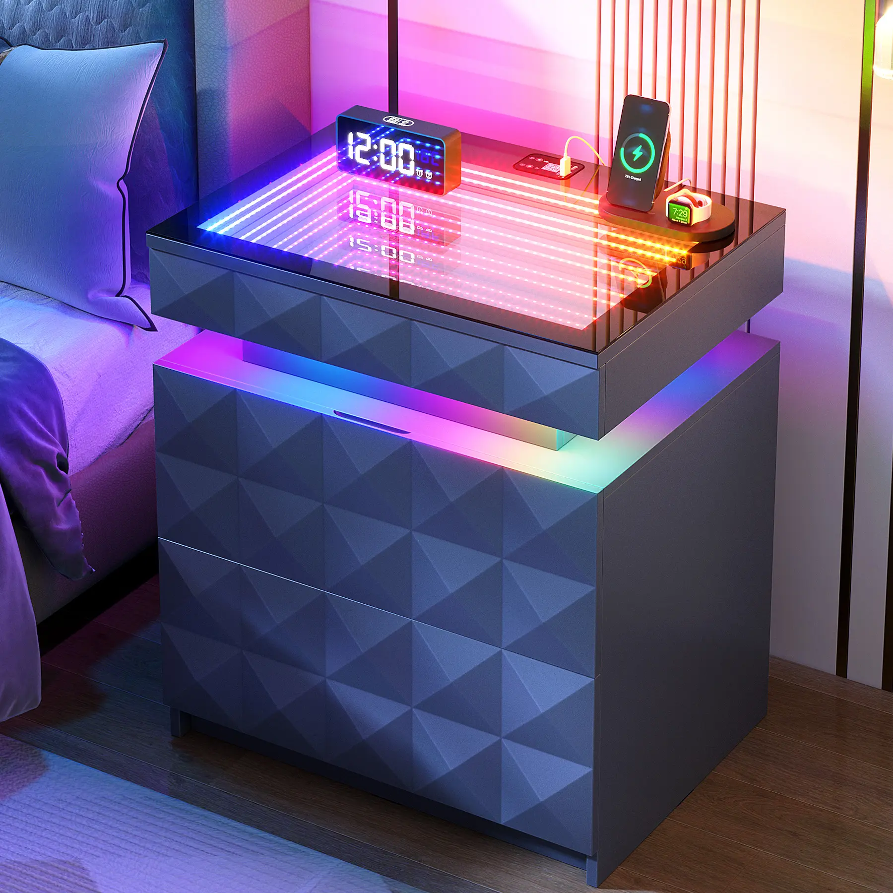 FREDEES Contemporary 3-Drawer Bedroom Nightstand - Lockable Hidden Storage, Sliding Top, Tempered Glass-Look, Charging Station, RGB Lights, Requires Assembly, Nightstands For Bedroom