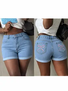 Women's Blue Embroidered Butterfly Vintage Denim Shorts, High Waist Elastic Slim Fit, Summer Fashion, Rolled Hem Three-Quarter Pants, Denim Bermudas