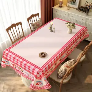 1 Piece Polyester Tablecloth, Multi - Specs & Colors, Thickened, Waterproof & Oil - Resistant, Washable, Perfect for Home & Outdoor. With Red Gingham Border + Floral/Heart Motifs, Ideal for Cozy Dining Room (As Shown)