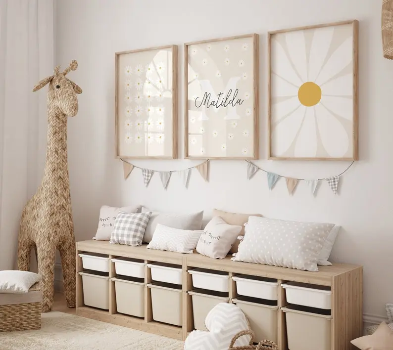 Daisy Print Set Of 3 / daisy wall art, nursery print, personalised name print, flower print