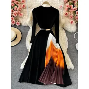 Autumn Winter Women Gradient Color Patchwork Pleated Sweater Dress Elegant Long Sleeve Midi Knitted Party Vestidos With Belt