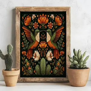 [UNFRAMED] Folklorico Hummingbird Art Print – Colorful Mexican Folk Art, Fall Wall Decor, Vibrant Cacti Desert Poster