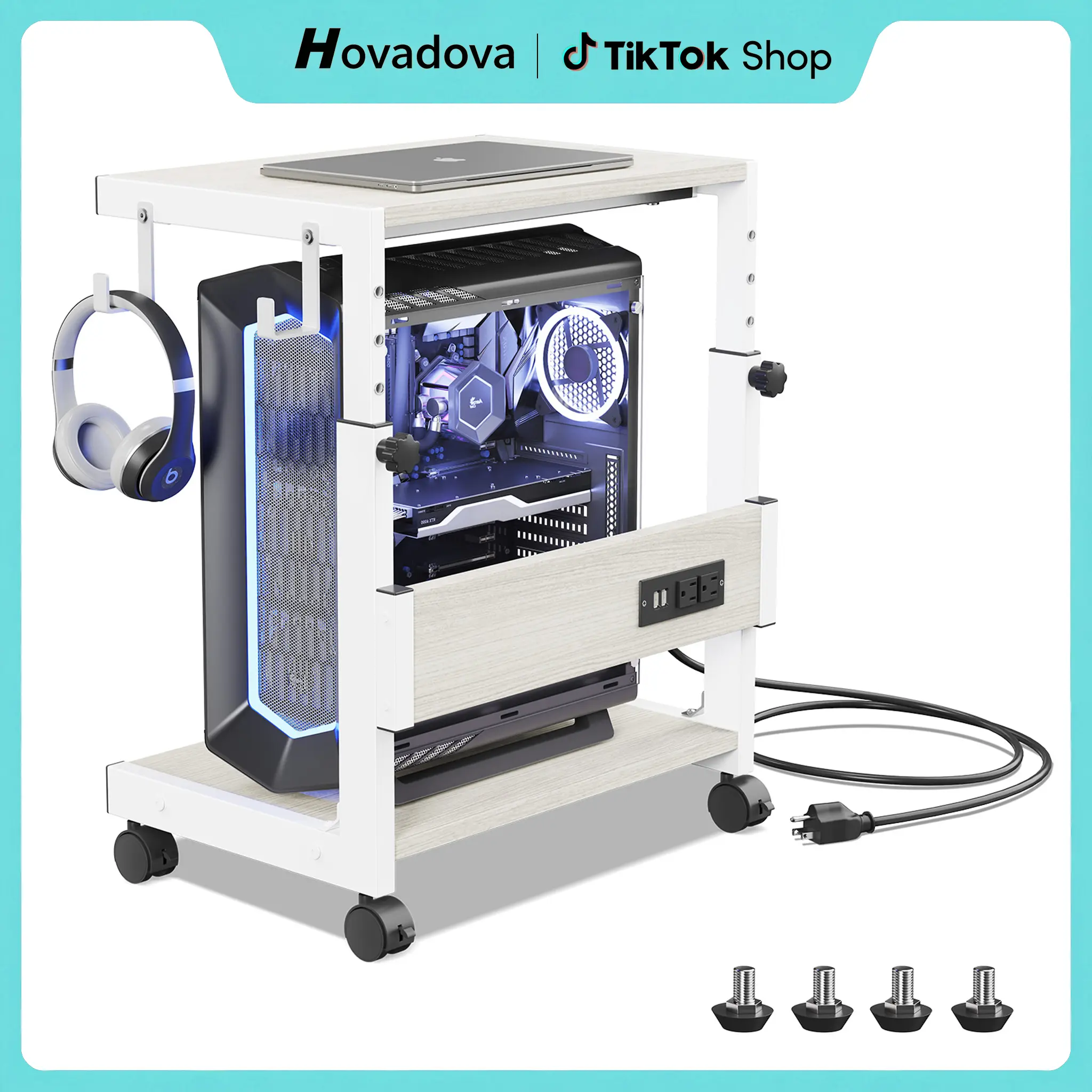 Adjustable Height Rectangular CPU Stand with Caster Wheels, Load-Bearing Computer Tower Stand with Charging Station for Small-Mid Tower PCs