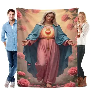 Immaculate Heart of Mary Catholic Christian Faith Gift Soft Cozy Flannel Blanket Pink Rose Floral Sacred Heart Religious Print Plush Throw Warm Fuzzy Bedroom Sofa Blanket Perfect Gift for Women Mom Grandma Birthday Mother's Day Holiday Home Decor