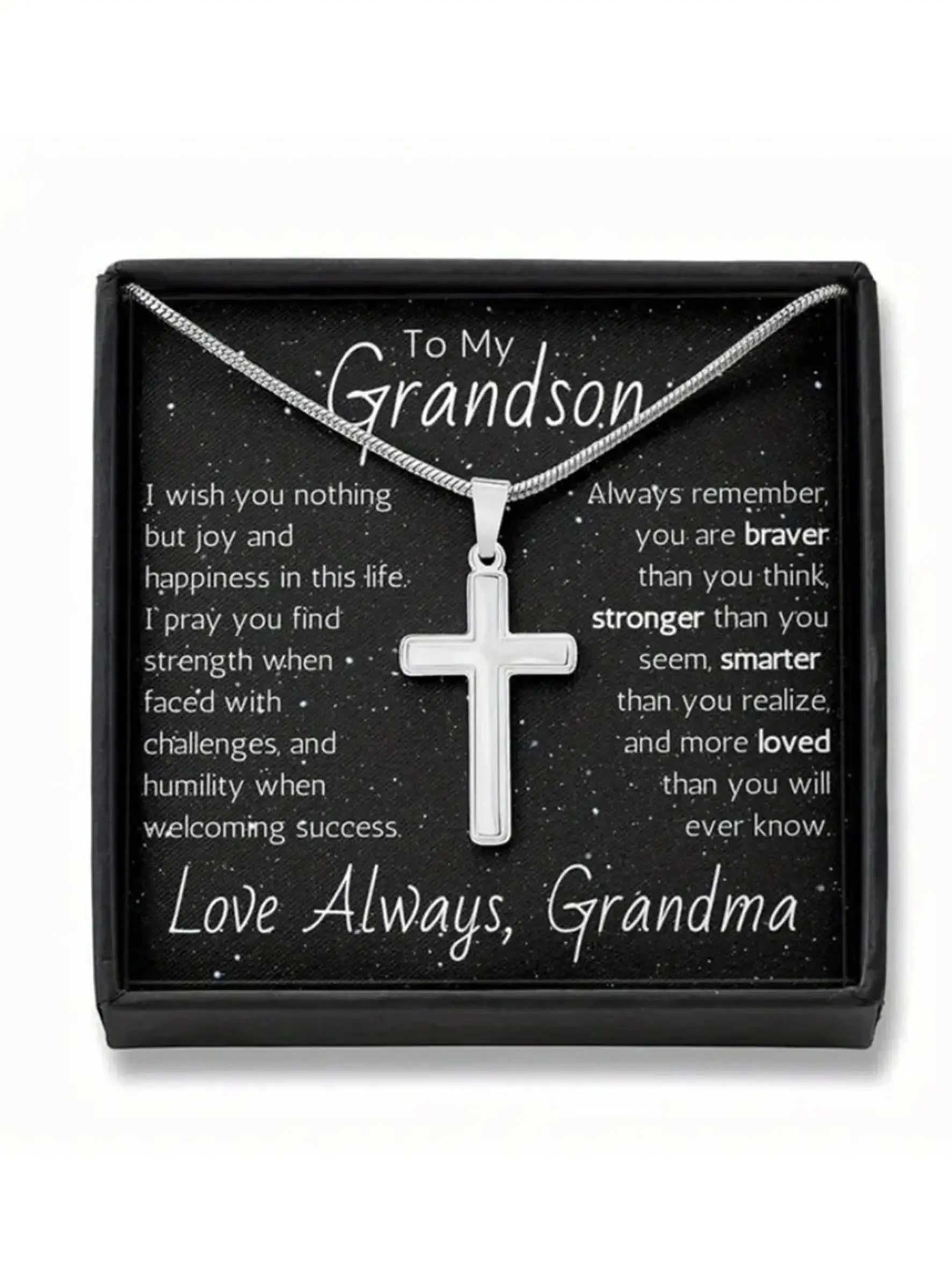 To My Grandson Polished Cross Pendant Snake Stainless Steel Chain Necklace 🕊️ | Grandma’s Heartfelt Love Gift | Encouraging Message Jewelry for Grandson’s Birthday/Holiday