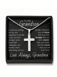 To My Grandson Polished Cross Pendant Snake Chain Necklace 🕊️ | Grandma’s Heartfelt Love Gift | Encouraging Message Jewelry for Grandson’s Birthday/Holiday