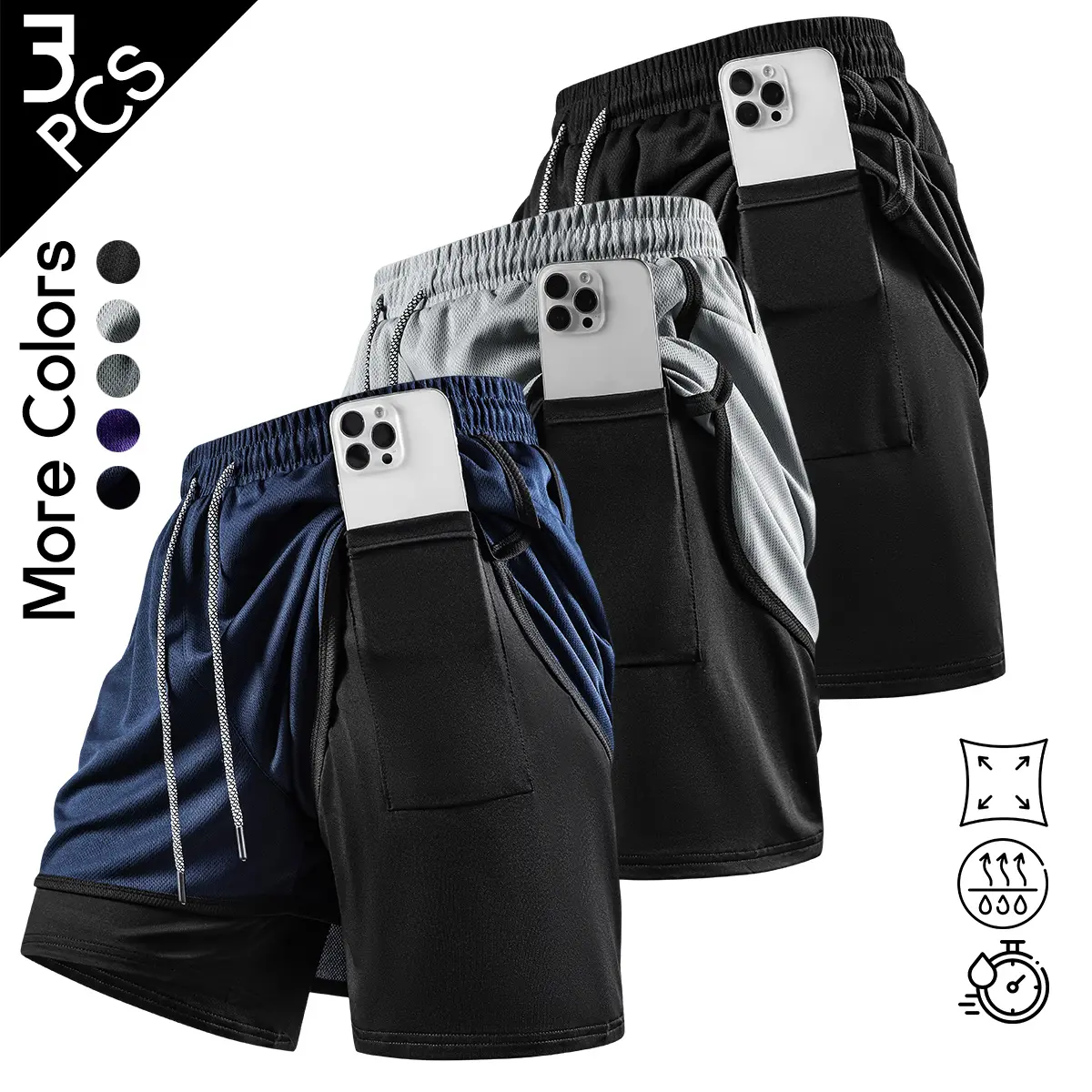 3 Pack Men's 2-in-1 Running Shorts with Phone Pocket, Quick Dry Athletic Gym Shorts, Lightweight Workout Shorts with Compression Liner