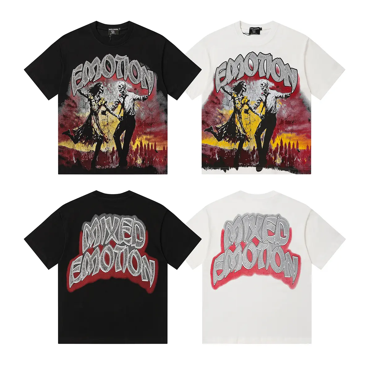 Mixed Emotion Dancing Skeleton Couple Graphic T-Shirt, Gothic Romance Ballroom Artwork with Fiery Red Sunset and Oversized Logo Back Print, Black White Graphic Tees for Men Women, Vintage Horror Y2K Streetwear Fashion Accessories