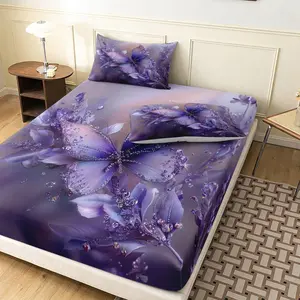 3 Pieces 3D Purple Butterfly Fitted Sheet Set, Luxury Floral Bedding Set, Elegant Gem-Embellished Butterfly Print Bed Sheet with 2 Pillowcases (Pillow Not Included)