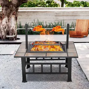 37 Inch Fire Pit Table with Grill for Outside Large Square Wood Burning firepit Heavy Duty Steel Bonfire Pit Cooking with Spark Screen Log Grate Poker for Backyard Garden Camping