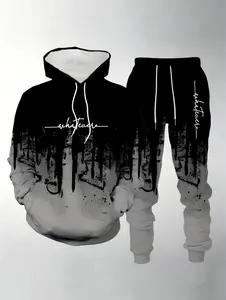 A set of men's casual polyester hooded sweatshirt and sports pants, with black and blue blocks paired with letter printing, comfortable and elastic fit, regular style, suitable for leisure and outdoor activities, Spring and Autumn series