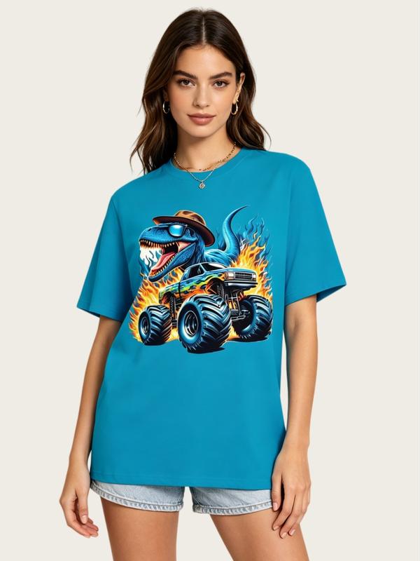 Women's Fitted Cropped Short-Sleeve Crew Neck Soft Cotton Dinosaur Graphic T-Shirt - Lightweight, Pull-On, Heat Transfer, Casual Christmas Wear, Blue Sohochic Womenswear Style Top