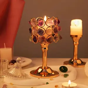 Natural Crystal Rainbow Fluorite Amethyst Raw Gemstone Candlestick, Home Decor Candlesticks for Candle Parties, Unique Gift Idea