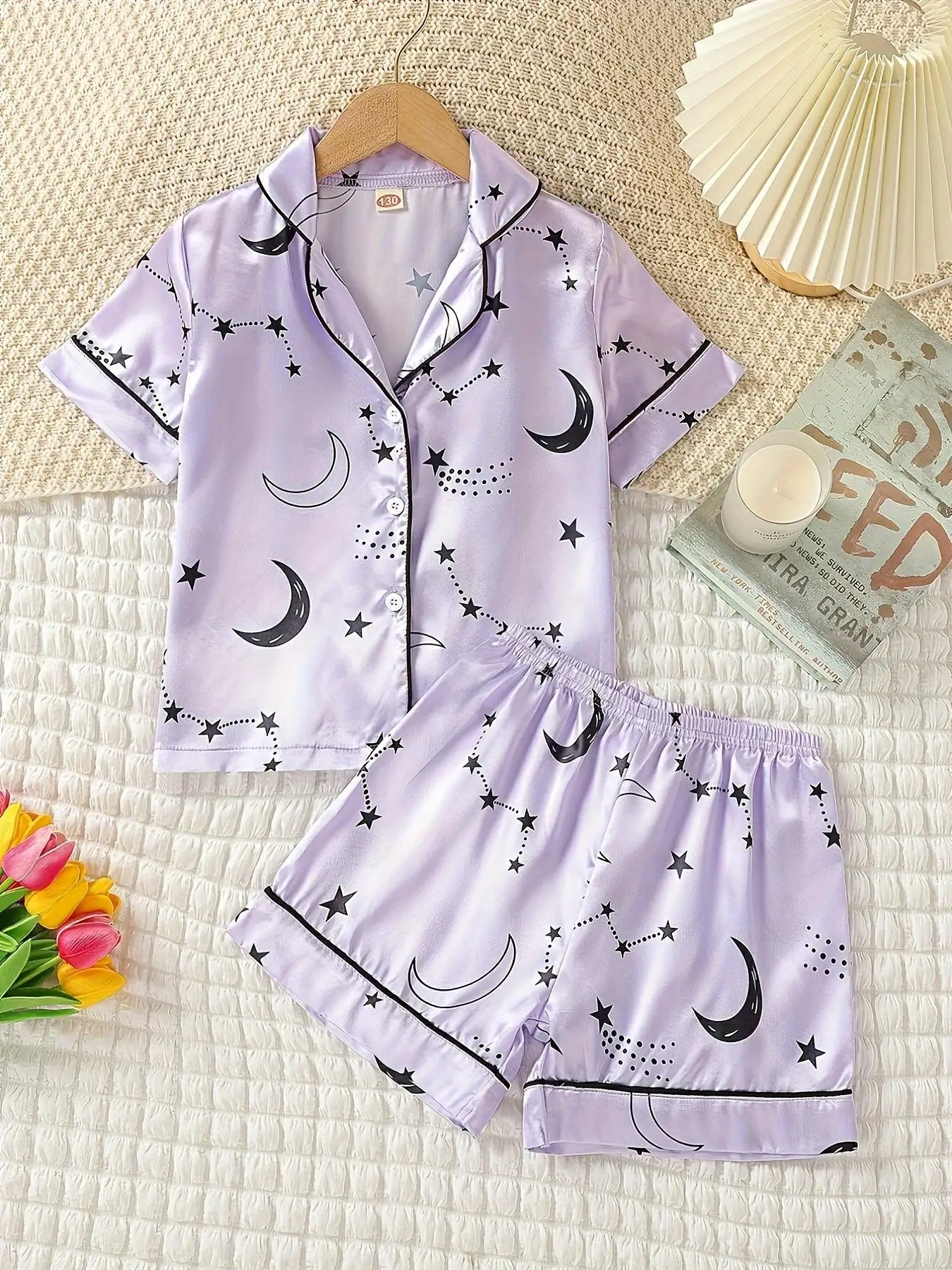 Girl's 2pcs Star Moon Print Lapel Shirt & Elastic Waist Shorts Pj Set, Button Front Short Sleeve Top & Contrast Binding Shorts, Casual Summer Clothes