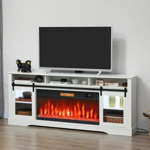 Modern White Fireplace TV Stand - 80-in TV Capacity, 26-in Electric Fireplace Insert, Open Media Shelves, Side Cabinets, Adjustable Flame Effect, Remote Control Entertainment Center for Living Room, Bedroom