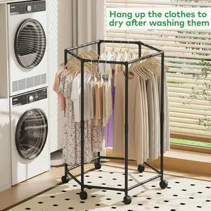 Movable 360 Degree Rotation Coat Stand Hexagonal Thick Frame Wheeled Design Space Saving Garment Rack for Indoor Home Bedroom Dorm Daily Use