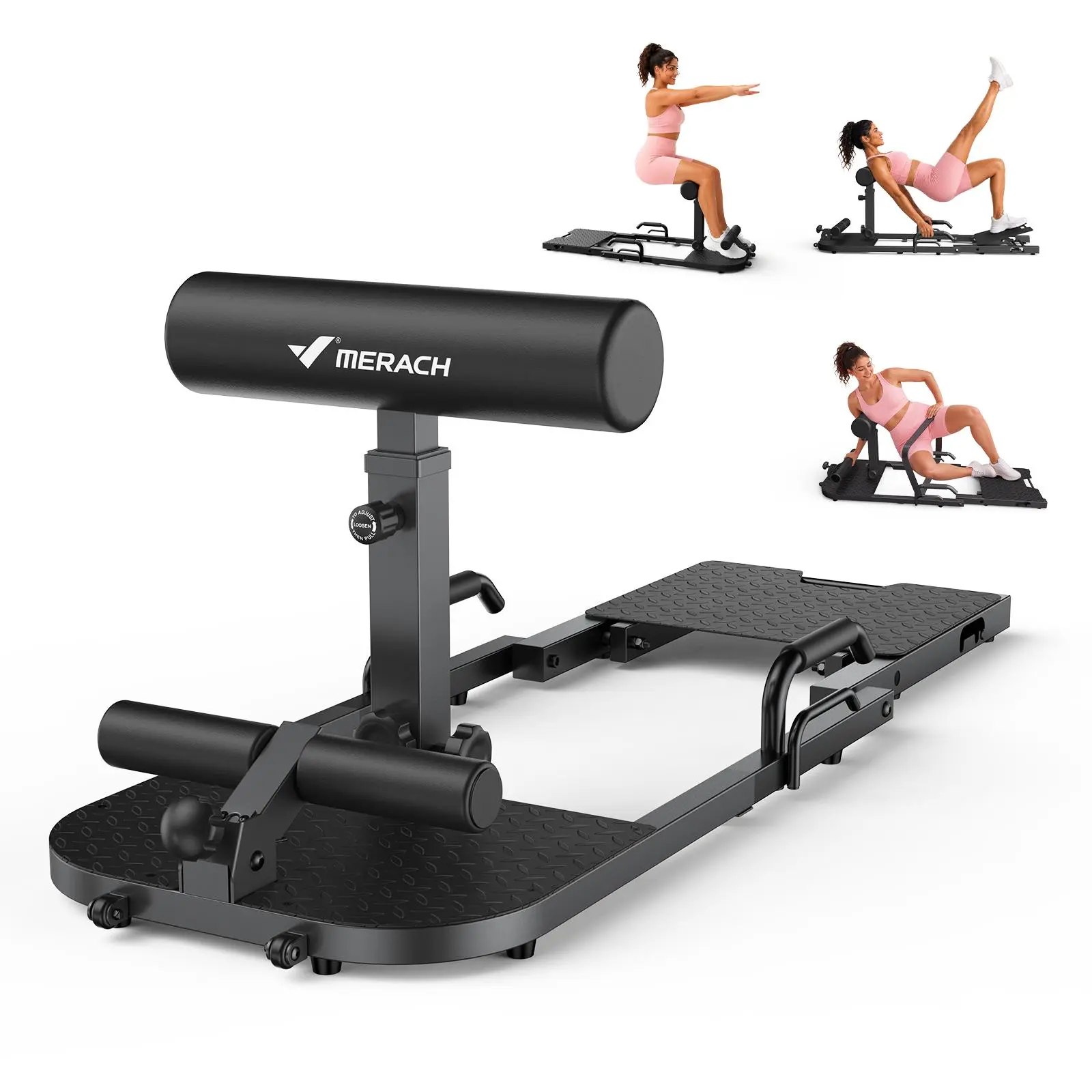 Merach 4 in 1 Deep Squat Machine, Squat & Hip Thrust Bench, 3 Resistance Bands For Adjustable Workout , Foldable Storage & Thick Padding ,Compact Home Gym Fitness Equipment