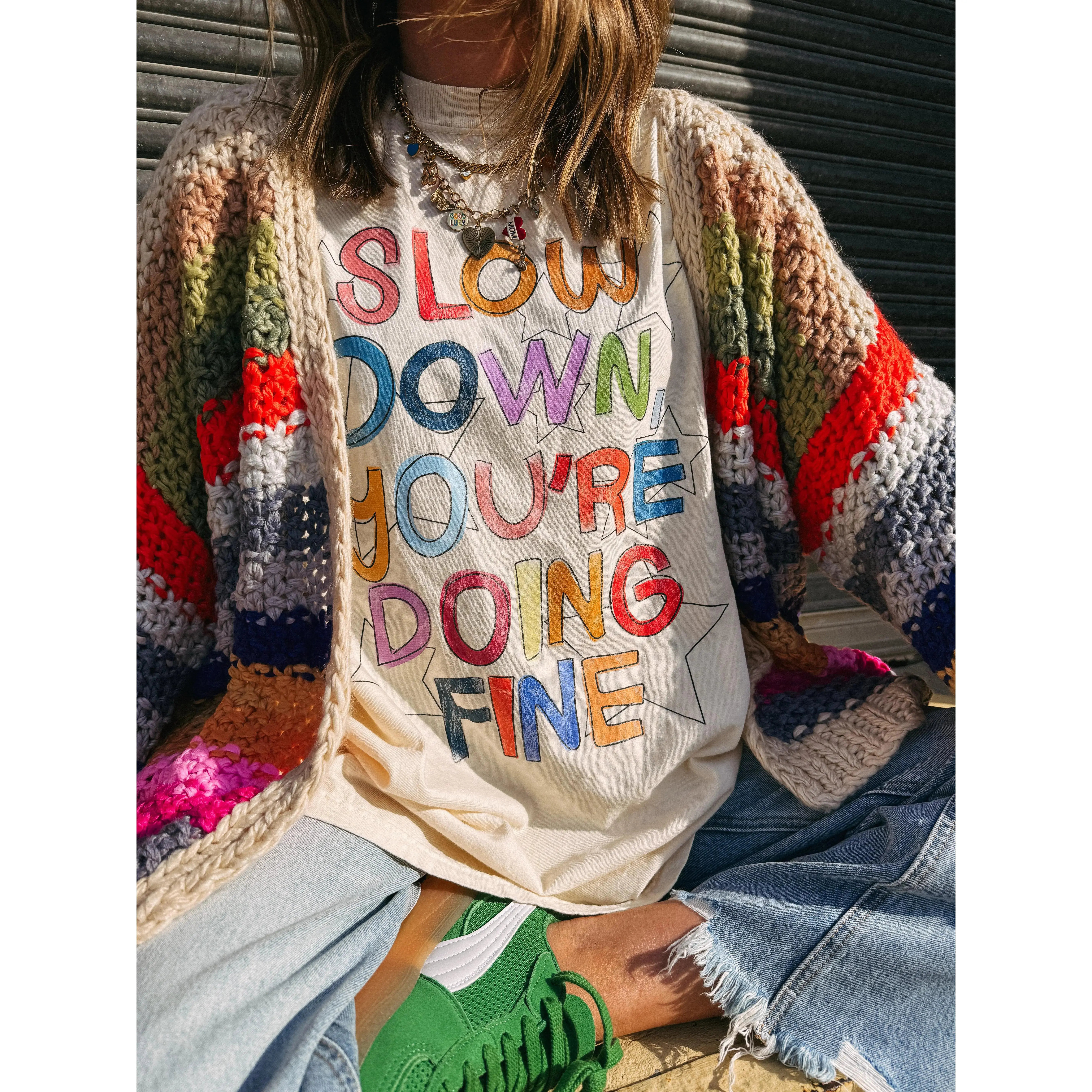 Comfort Colors Slow Down You Are Doing Fine Graphic Tee - Ivory Oversized Shirt graphic tee Grunge Graphic Album T-Shirt subtle anime clothing world tshirts book merch
