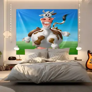 Funny Cartoon Cow Tapestry, Cute Farm Animal Wall Hanging Tapestries, Vibrant Digital Print Wall Blanket for Kids Bedroom, Playroom, Living Room, Whimsical Backdrop Decor for Animal Lovers