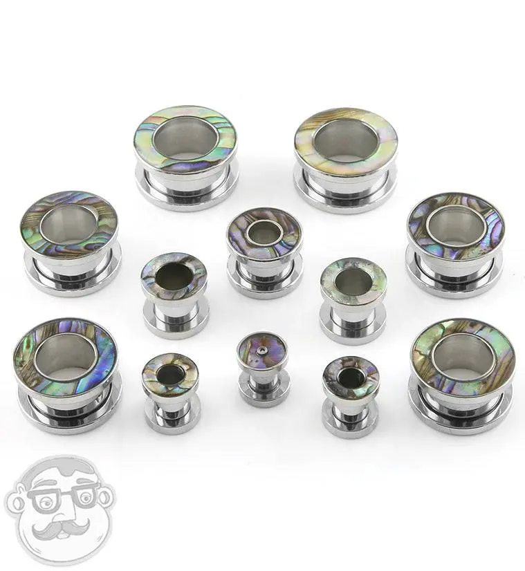 Abalone Shell Rimmed Screw on Tunnels Plugs
