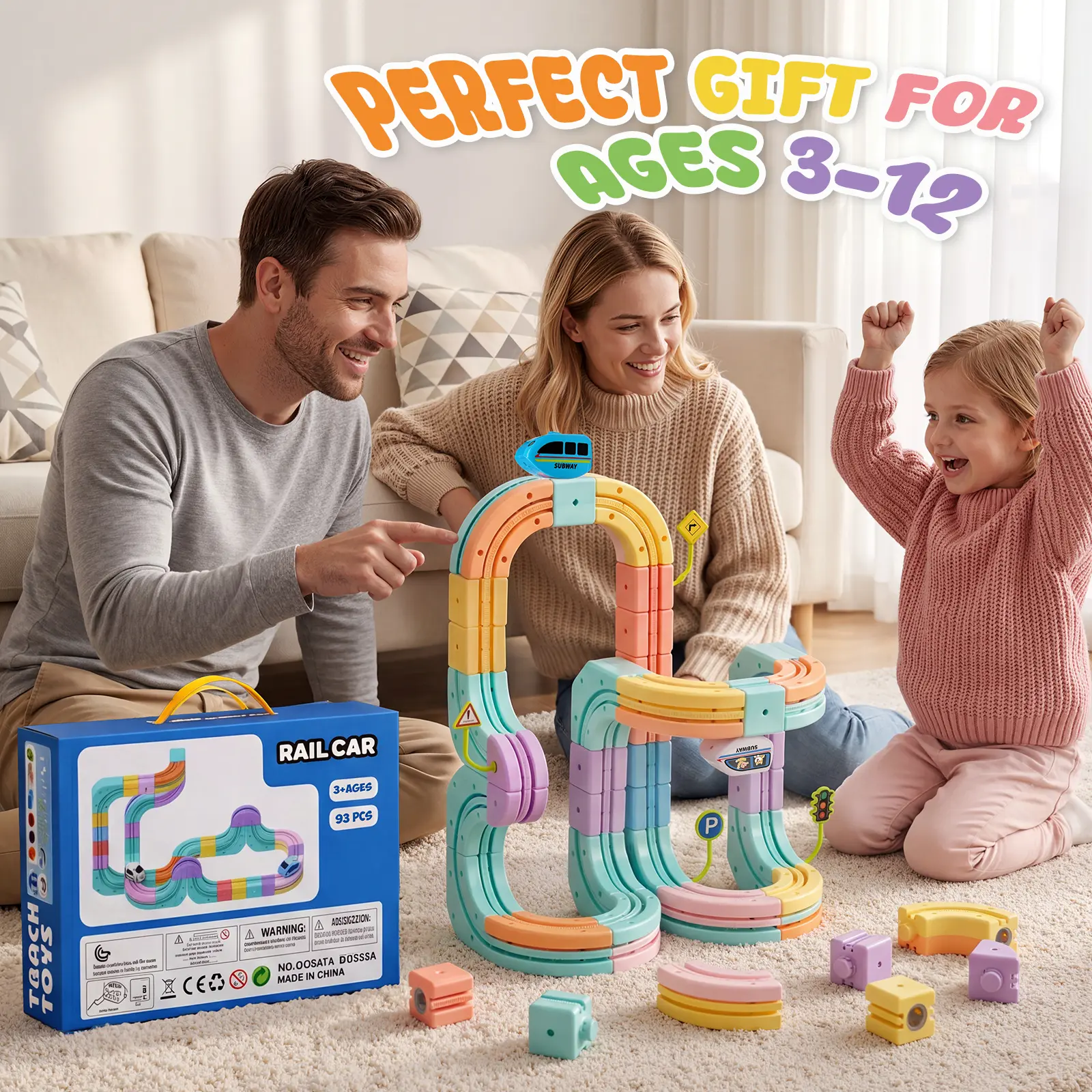 93Pcs Macaron 3D Cube Electric Train Set, Pastel Gravity-Defying Motorized Race Track & DIY Rail Block Kit, STEM Educational Toy for Kids Ages 3+ (Master Set + 2 Cars)