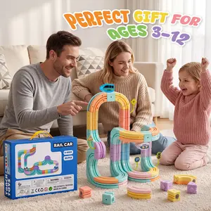 93Pcs Macaron 3D Cube Electric Train Set, Pastel Gravity-Defying Motorized Race Track & DIY Rail Block Kit, STEM Educational Toy for Kids Ages 3+ (Master Set + 2 Cars)