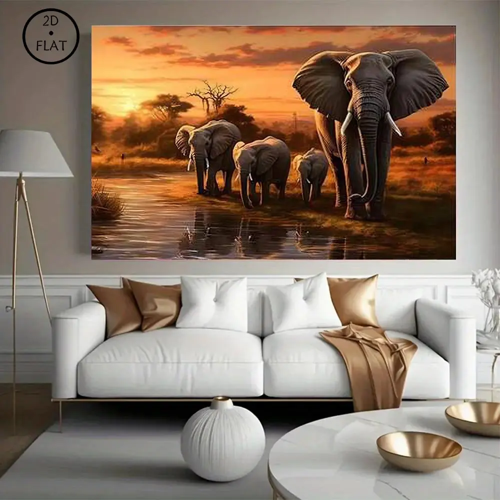Modern Aesthetic Wall Decor, Canvas Print of African Savannah Elephant Landscape, Art for Living Room, Bedroom, Restaurant, Bathroom, Office, Meeting Room, Hotel & Bar Decoration, good poster, paints