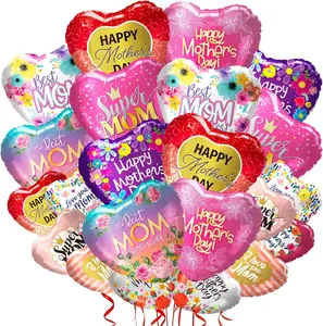 24Pcs Happy Mother's Day Balloons - 12Pcs 18'' and 12 Pcs 10'' Aluminum Foil Heart Balloons for Mother's Day Grandmother Birthday Party Decorations