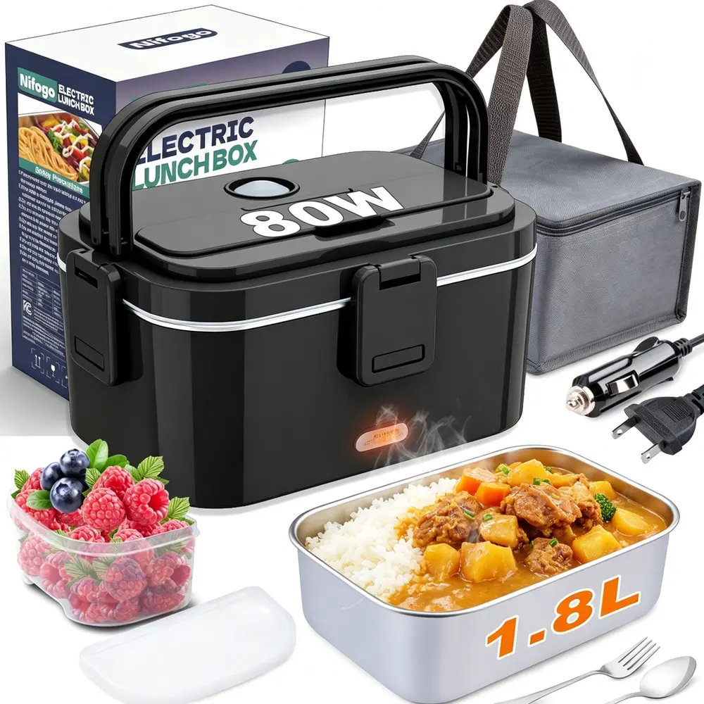 1.8L Compact Insulated Carry Electric Lunch Box Warmer for Truck Drivers, Travelers – 80/100W Multi-Voltage, Detachable Spill-Safe Liner, Full Fork & Spoon, Thermal Tote (Car Interior Accessory)