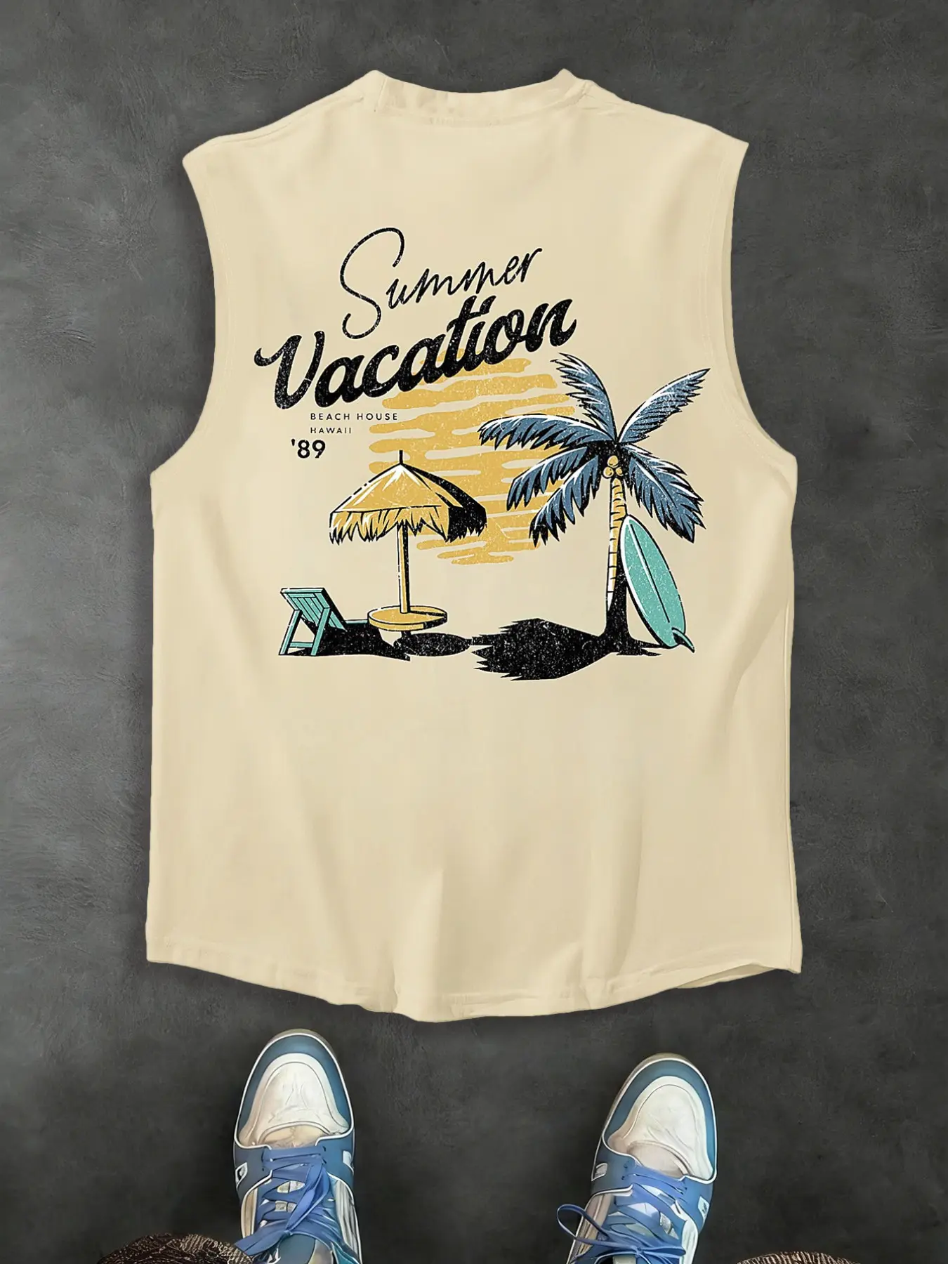 Men's Loose Fit Hawaiian Sleeveless Printed Tropical Graphic Tank Top, Retro 80s Surf Street Style, Palm Tree Print, Casual Summer Wear, Daily Fashion