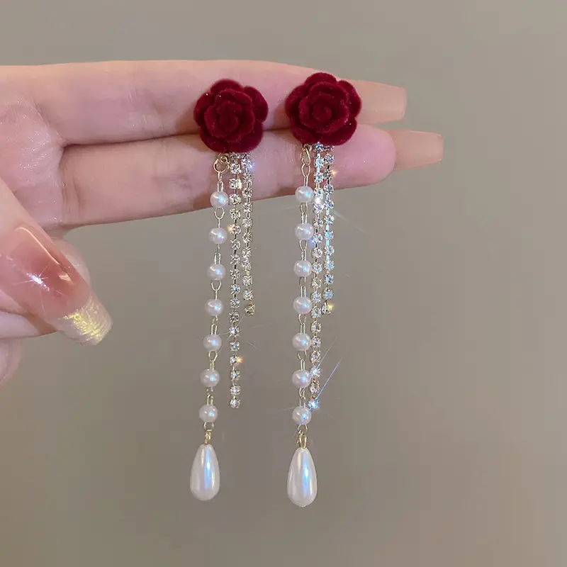 Red Rose Gold Plated CZ Pearl Tassel Earrings for Women, Elegant Bridal Wedding Jewelry, Hypoallergenic Sparkly Dangle Earrings for Wedding Prom Party Bridesmaid Gift for Her