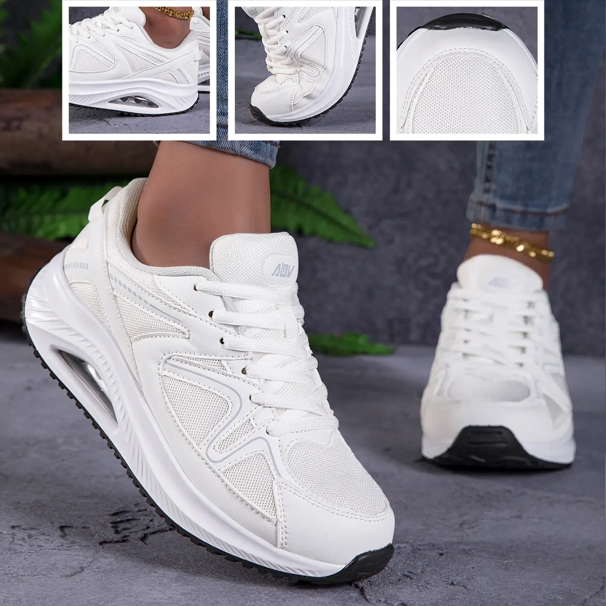Comfort Rocker Sole Sneakers for Women, Air Cushion Breathable Mesh Shoes, Non-slip Shock Absorbing Trainers for Walking, Standing All Day & Daily Wear