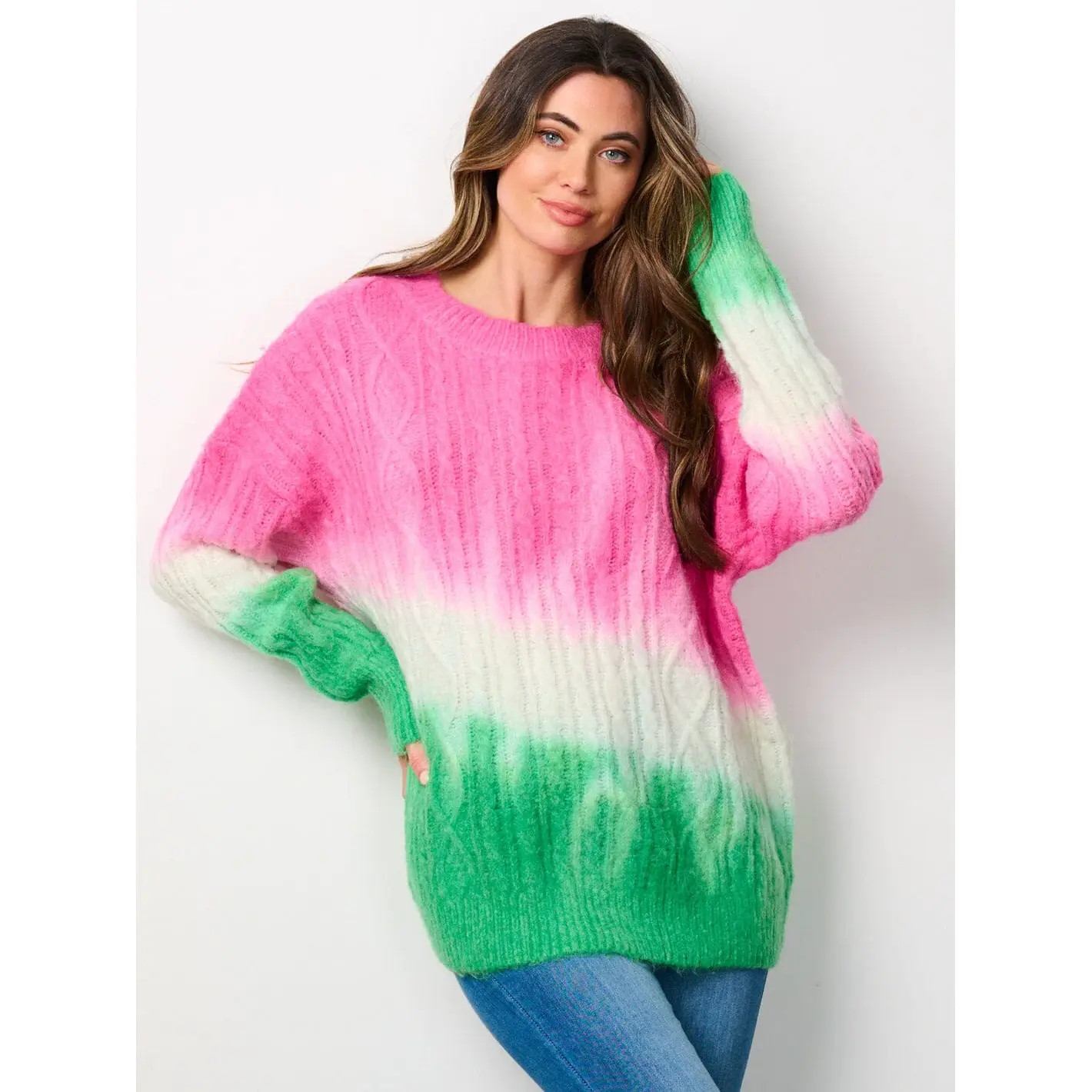Women's Pink, White, and Green Colorblock Knitted Sweater