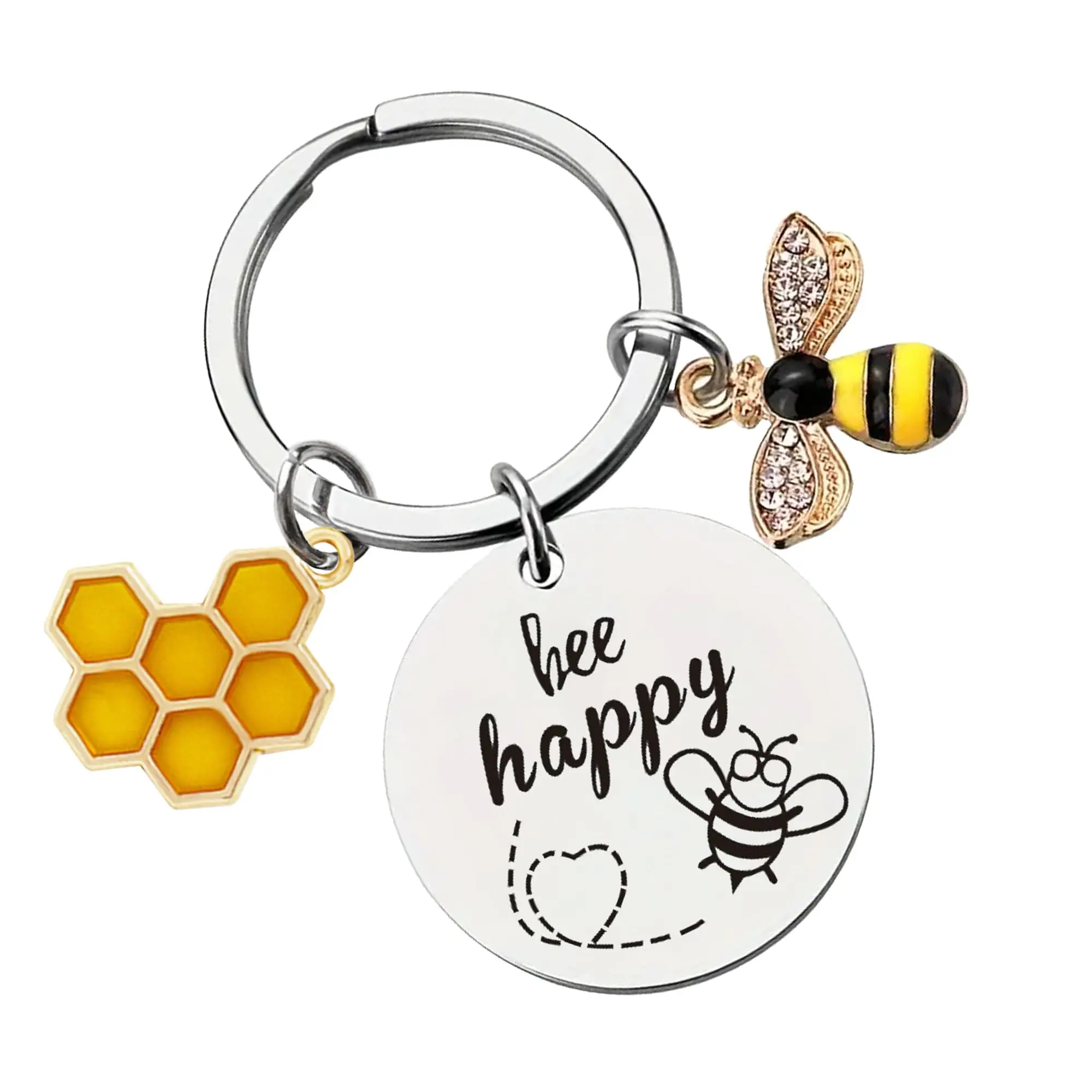 Bee Happy Inspirational Keychain,Stainless Steel Engraved Round Tag Key Ring with Crystal Bee & Enamel Honeycomb Charm,Cute Positive Keepsake Gift for Women Friends