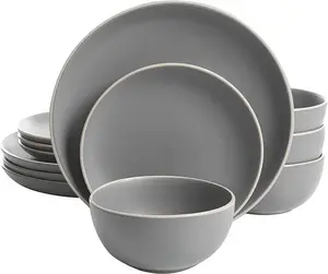 Gibson Home Rockaway 12-Piece Dinnerware Set Service for 4, Grey Matte - Bowls Cutlery